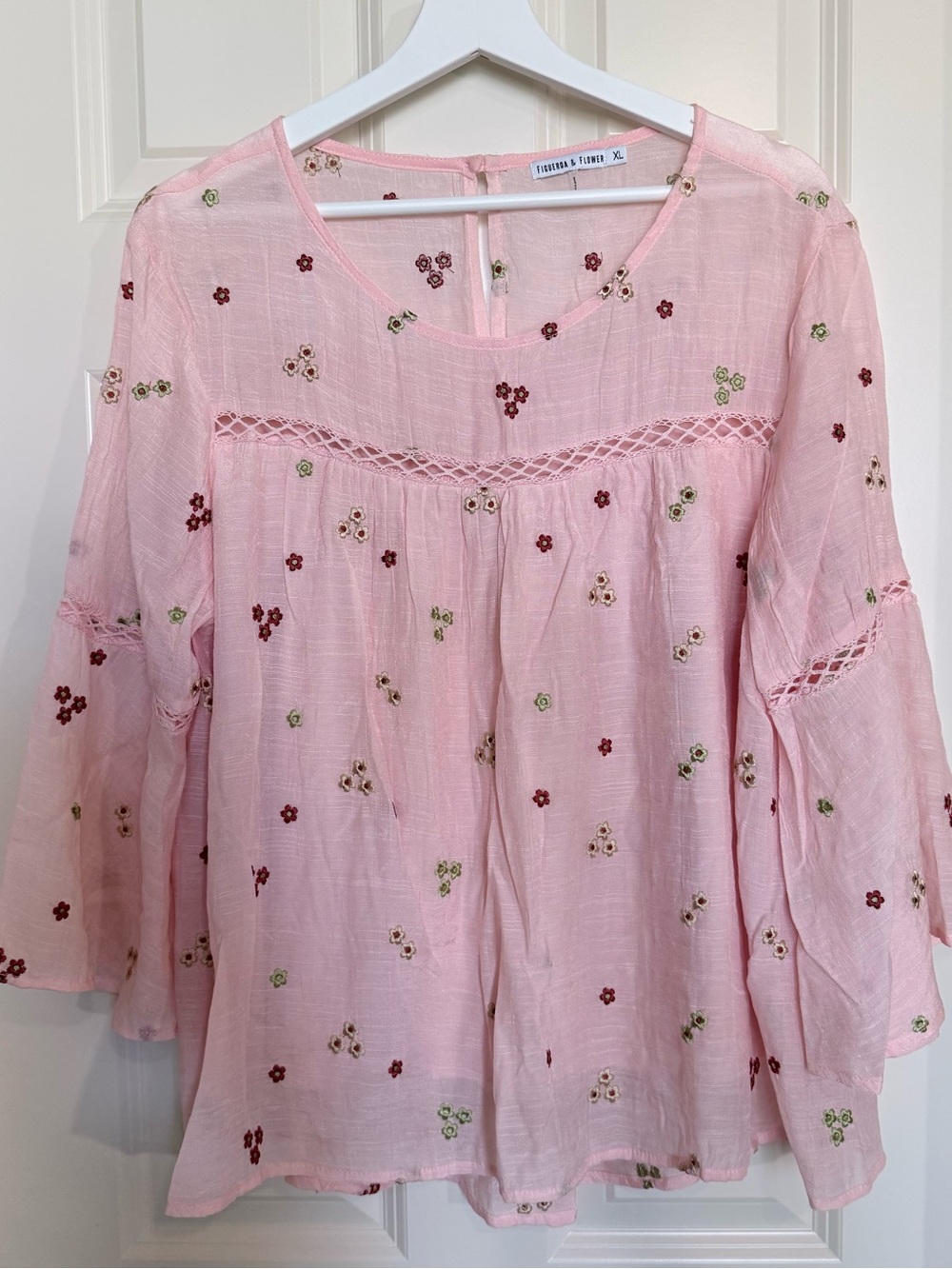 Figueroa and Flower Pink Embroidered Lined Peasant Top